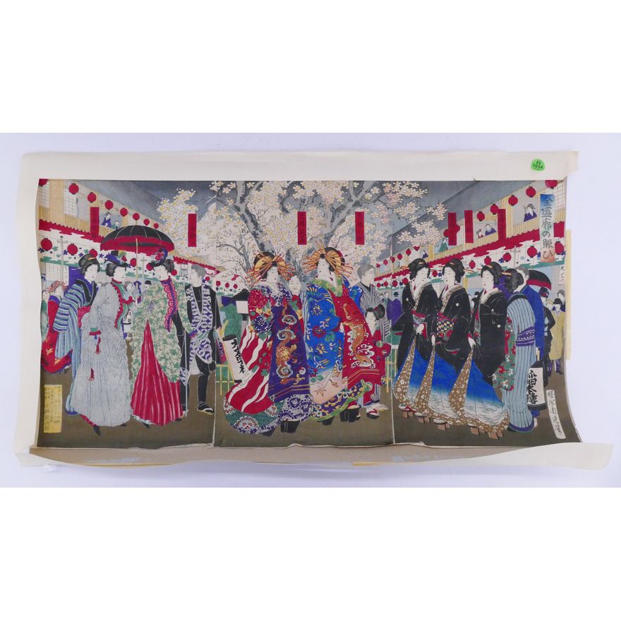 Meiji Japanese Yoshiwara Triptych Geisha Woodblock Print- matted size- 16.5x29''