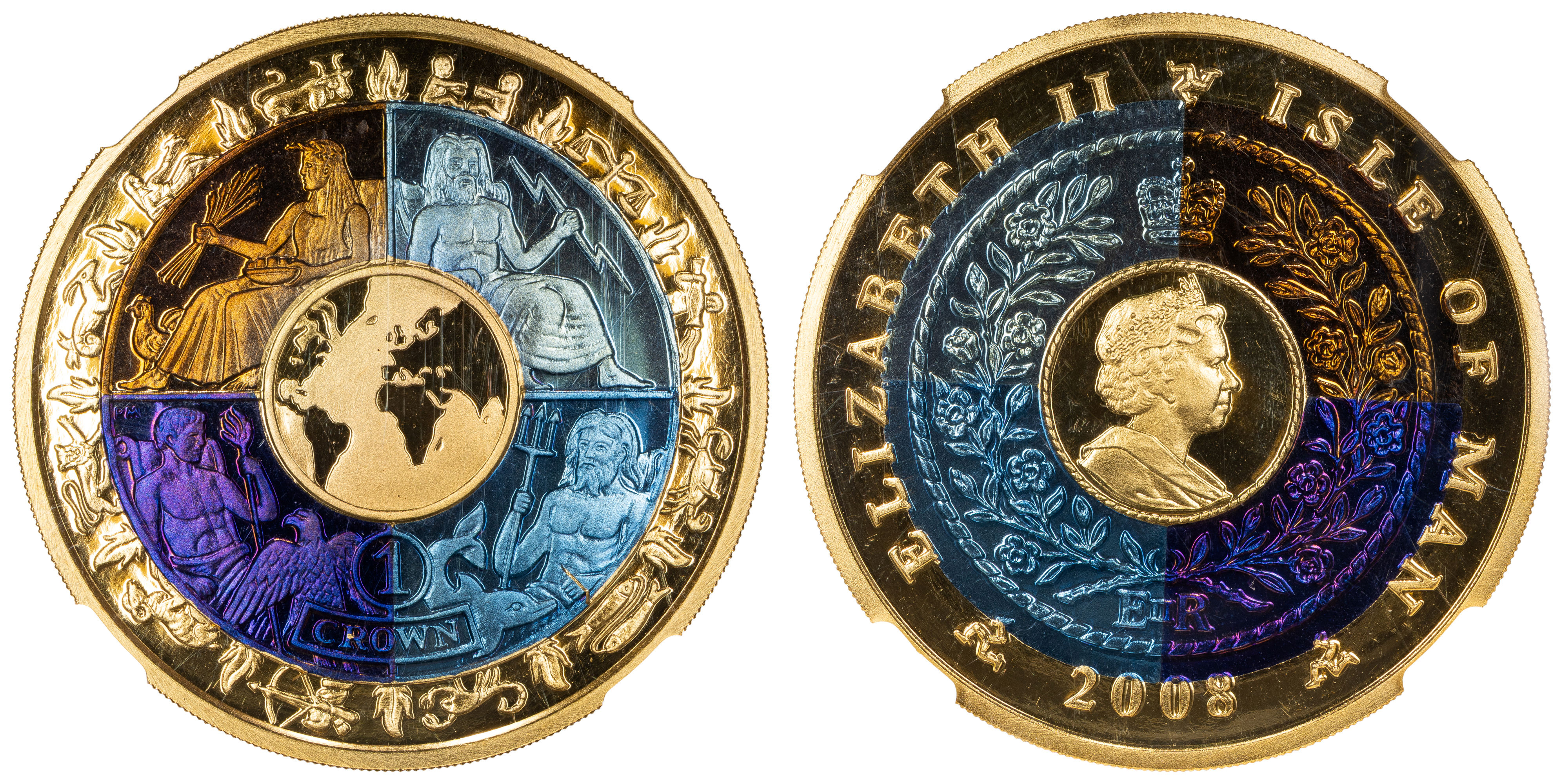 Isle of Man, Elizabeth II, Year of Planet Earth - Four Elements, Trimetallic, Crown, 2008, NGC PF68 ULTRA CAMEO