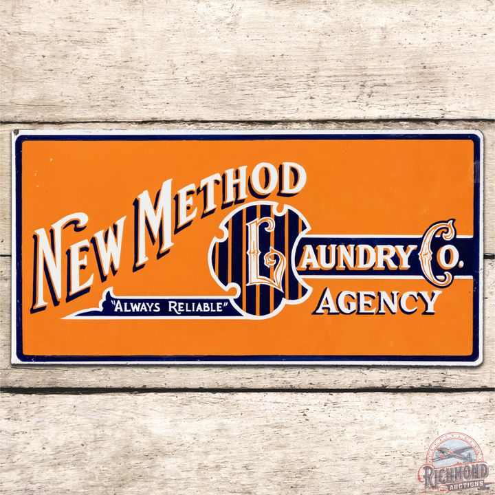 New Method Laundry Co. Agency "Always Reliable" DS Porcelain Flange Sign