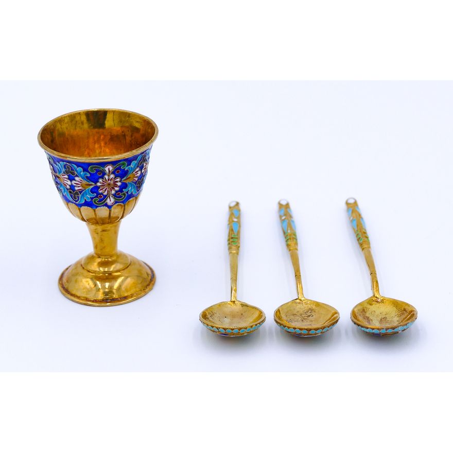 Box Russian Enameled Silver Spoons & Cup - 64 Grams TW