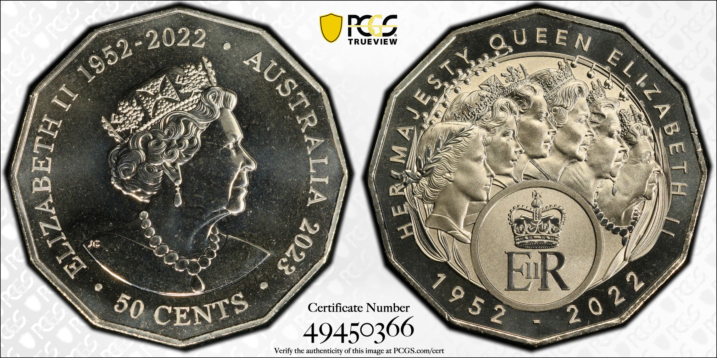 Her Majesty QEII Cu-Ni Six Effigies, Fifty Cent, 2023, PCGS MS69