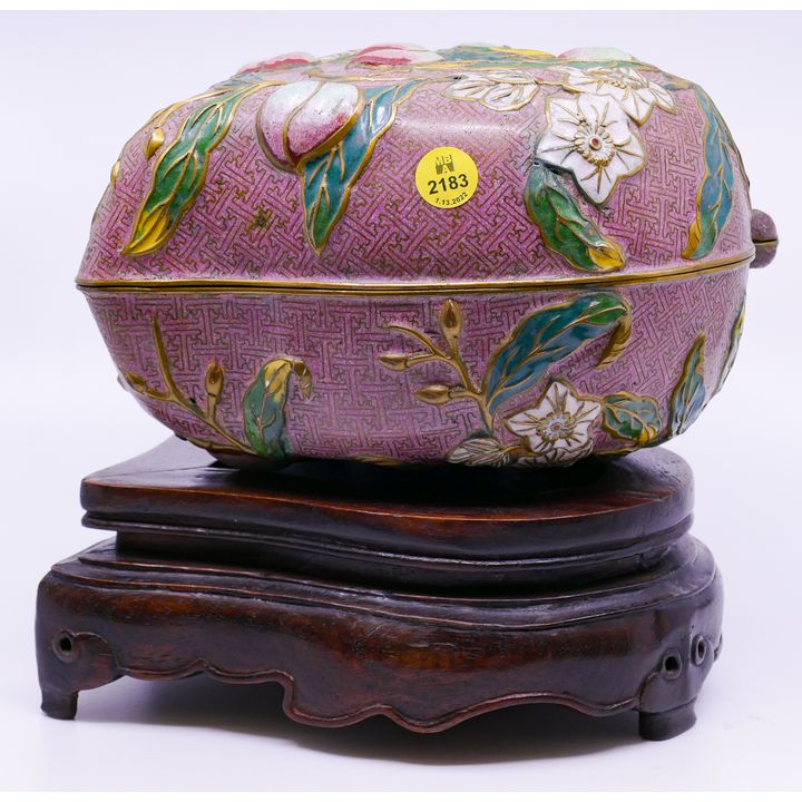 Old Chinese Cloisonne Figural Peach Box on Stand- 8x10''