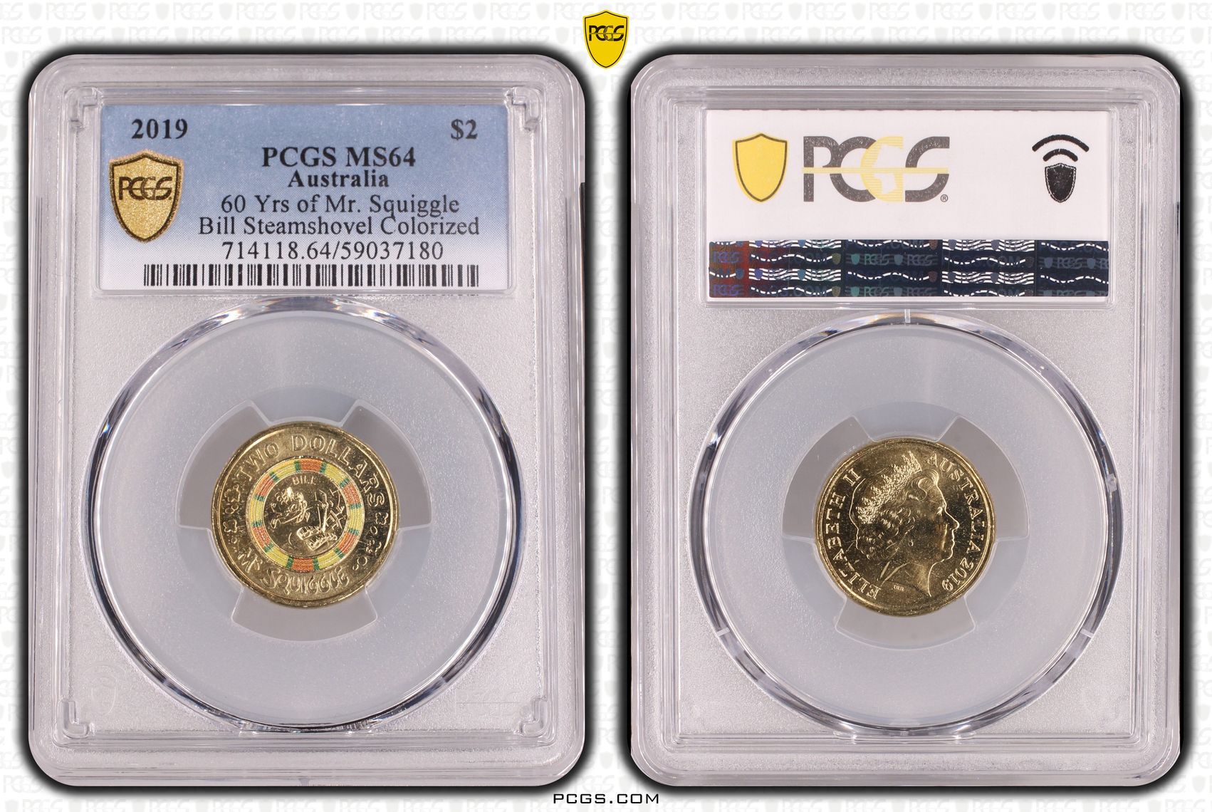 60 Yrs of Mr. Squiggle - Bill Steamshovel Colorized, Two Dollar, 2019, PCGS MS64