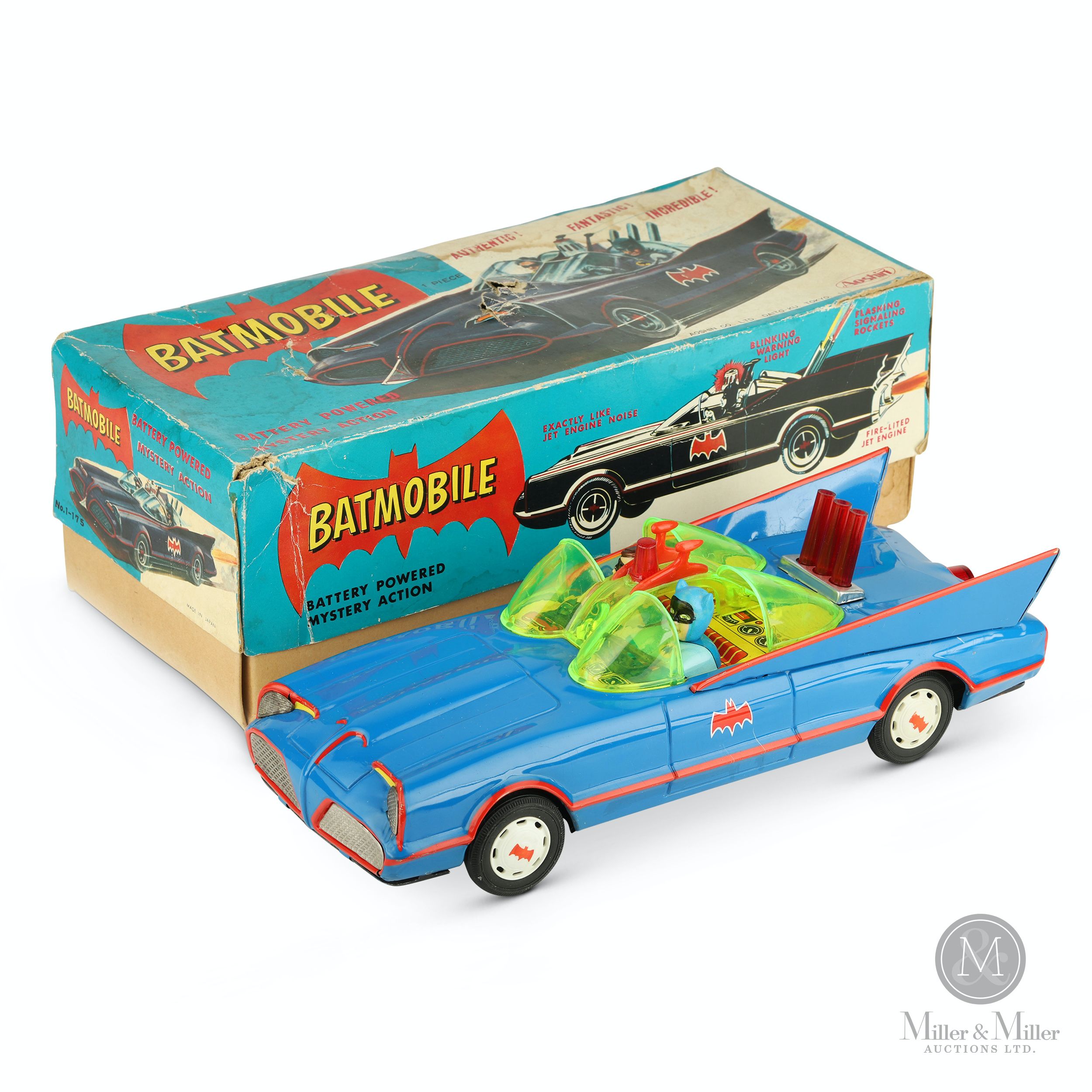 ASC Aoshin ca. 1972 Tin Lithographed Battery Operated Batmobile for Sale -   - Antique Toys for Sale