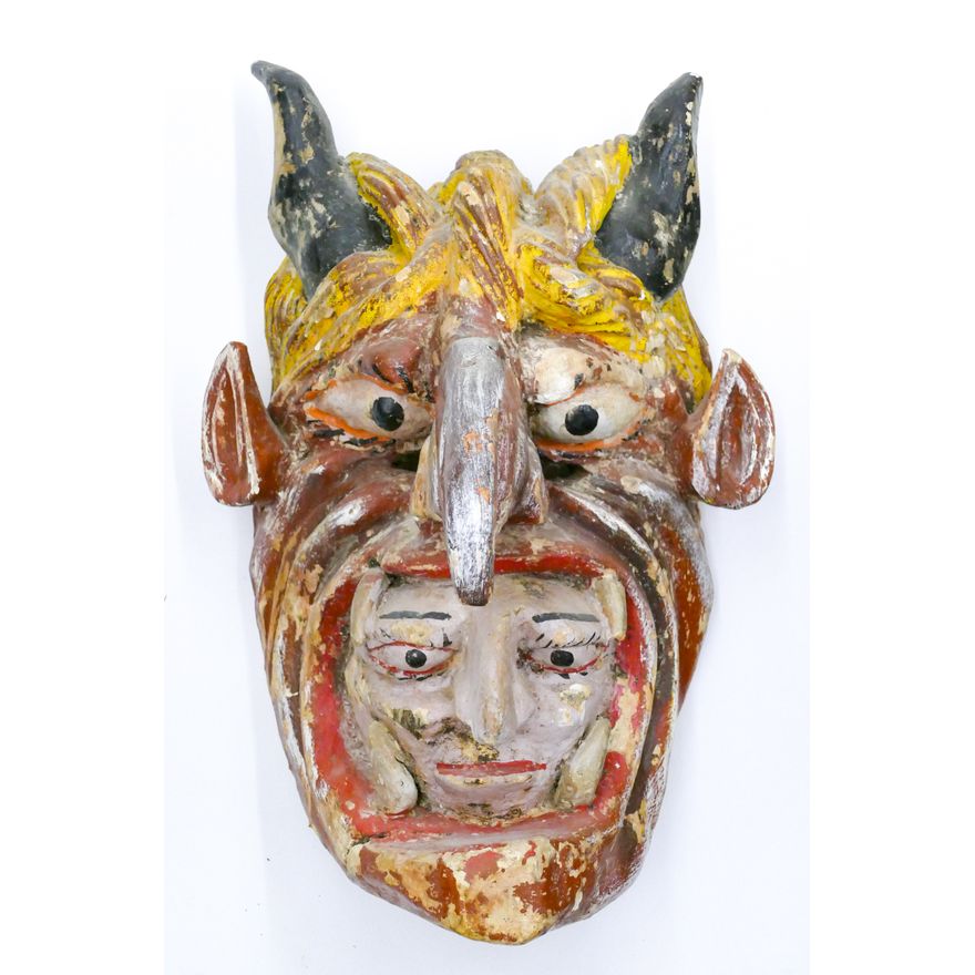 Old Mexican Painted Wood Devil Mask 18''
