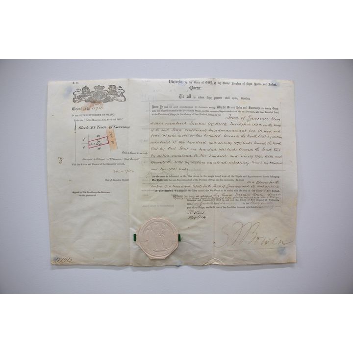 GRANT UNDER THE "PUBLIC RESERVE ACTS" 1854 & 1862 TO THE SUPERINTENDENT OF OTAGO. [2X DOCUMENTS]