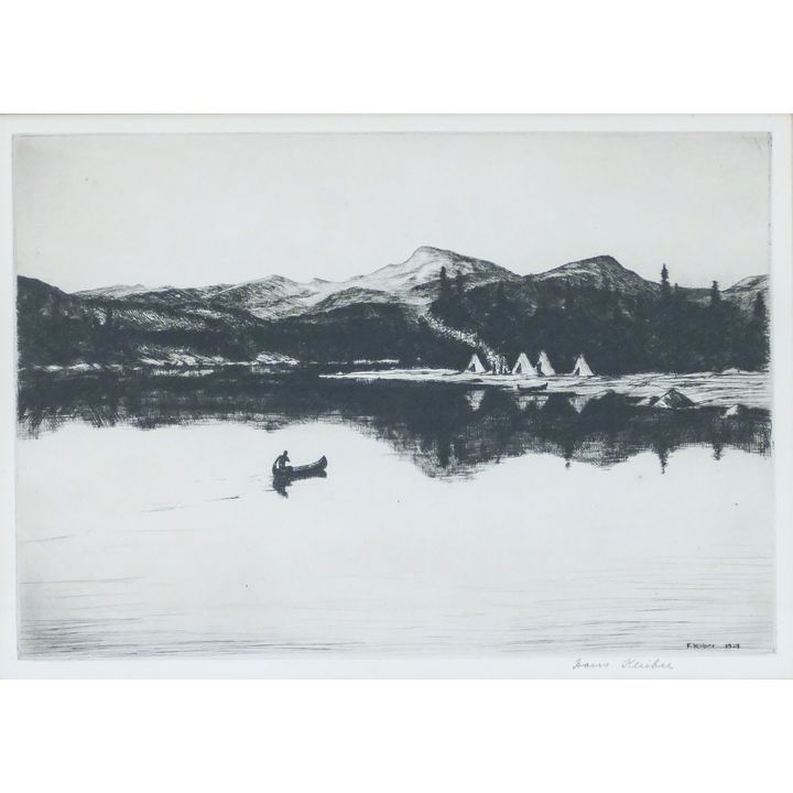 Hans Kleiber ''Canoe Approaching Teepees'' 1929 Signed Etching