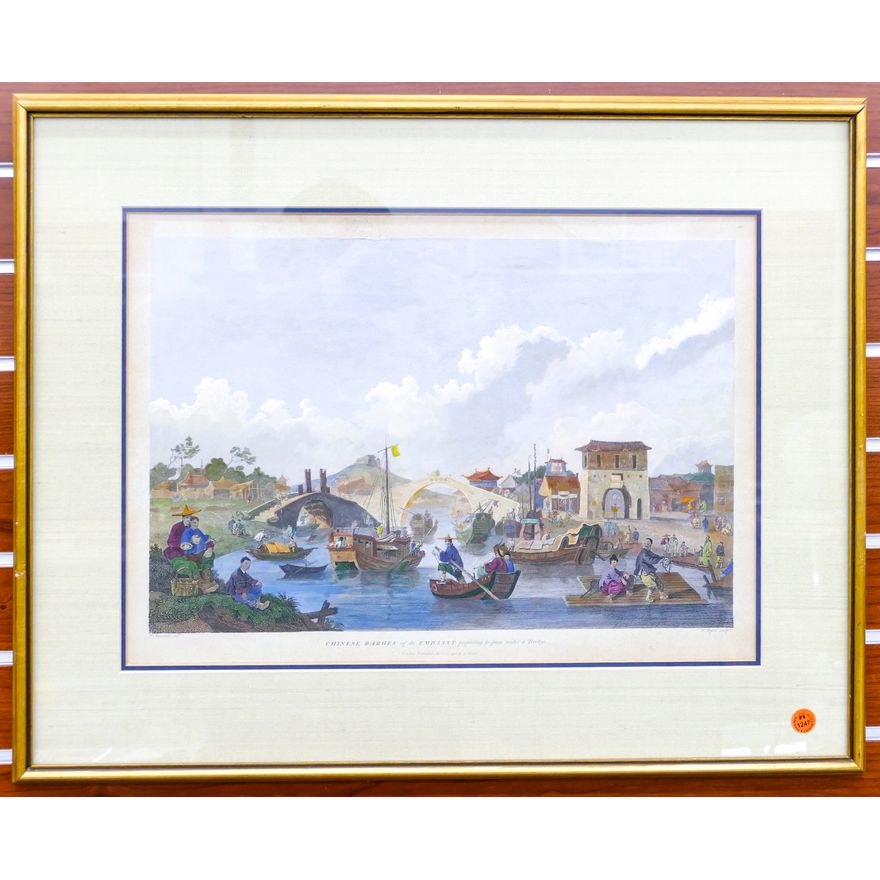 Antique W. Byrne ''Chinese Barges'' Tinted Engraving Framed 21''x26''