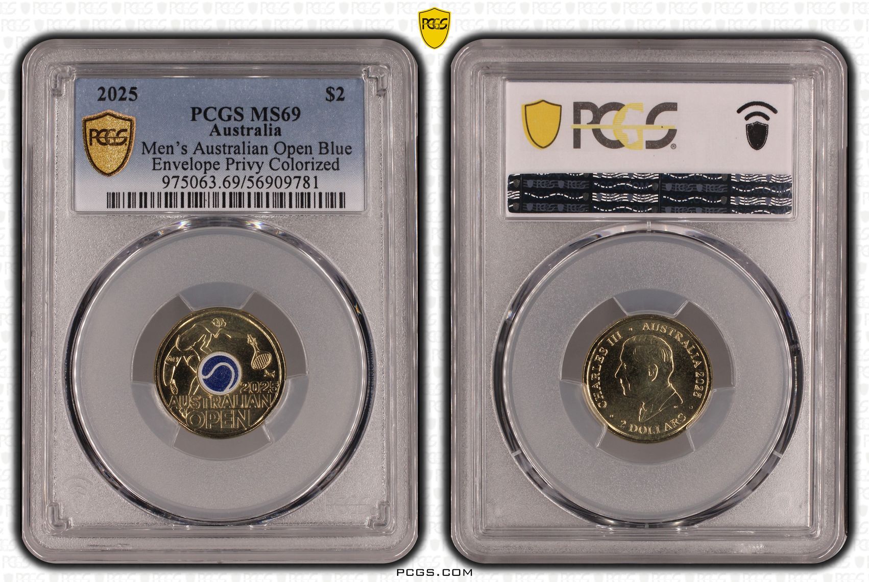 Men's Australian Open Blue Envelope Privy Colourised, Two Dollar, 2025, PCGS MS69