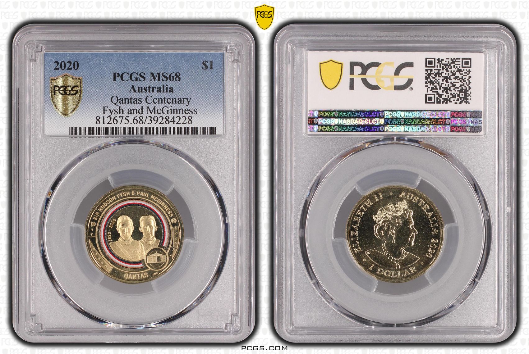Qantas Centenary Fysh and McGinness, POP 6/0, One Dollar, 2020, PCGS MS68