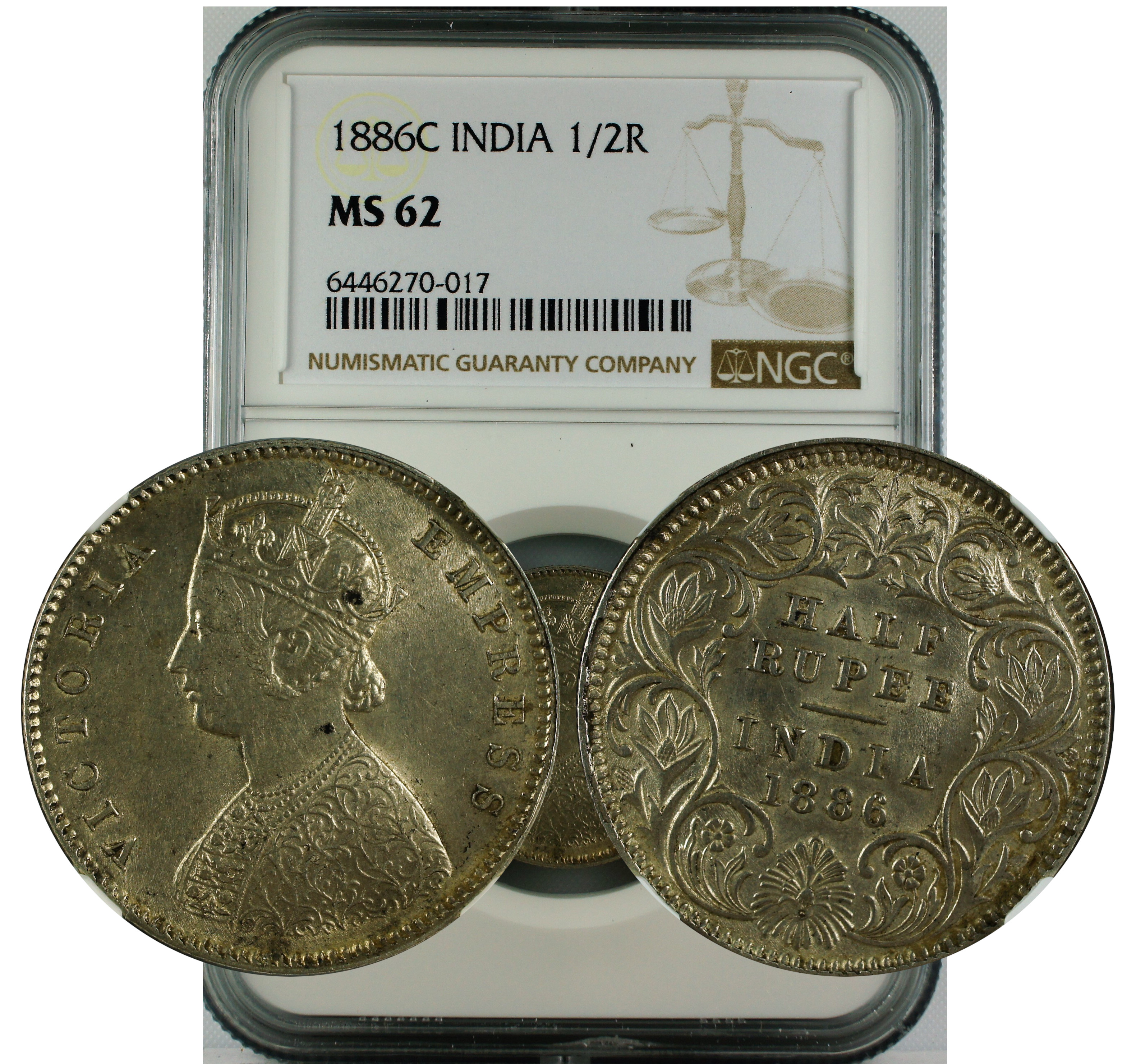 1886 C INDIA 1/2 RUPEE MS62