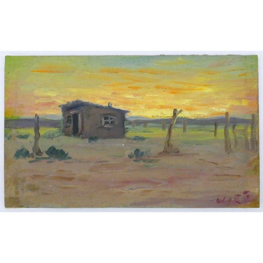 Melville Wire ''Sunset with Cabin'' Landscape Small Oil 7.25''x12''