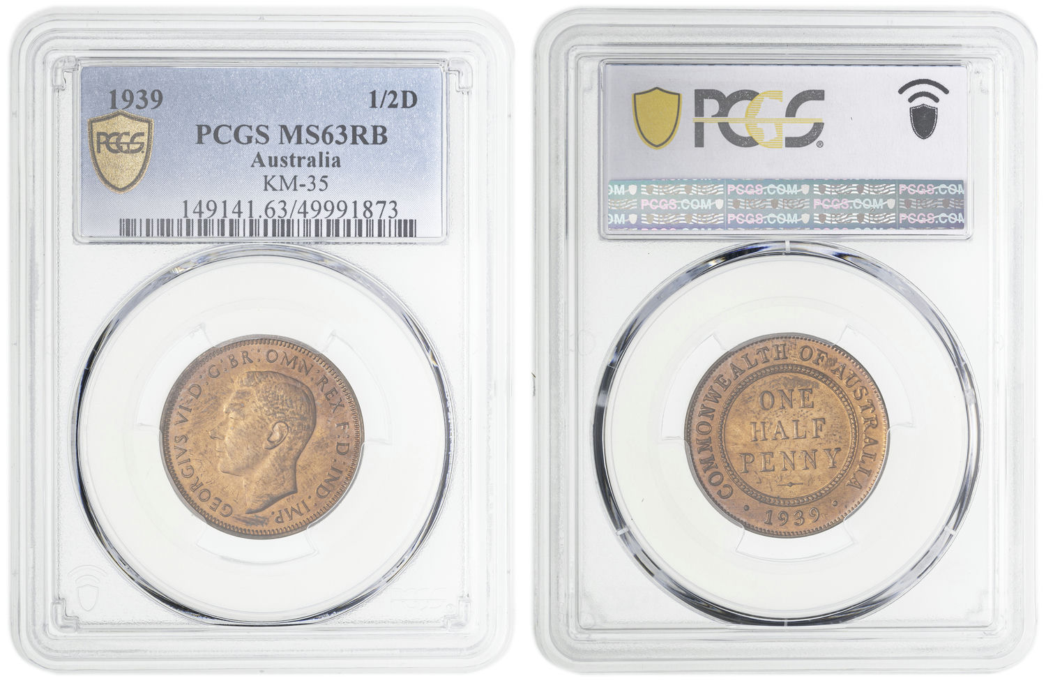 George VI, Halfpenny, 1939, PCGS MS63RB