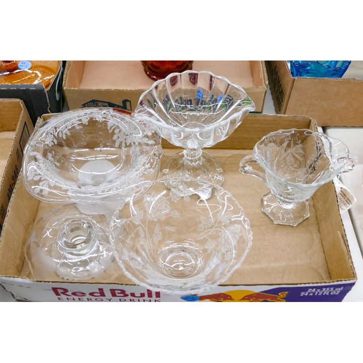 Box 5pc Floral Etched Glass Compotes
