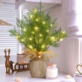 JENAAI 24 INCH ARTIFICIAL PINE SPRIGS MINI CHRISTMAS TREE FAUX GREENERY STEMS PINE XMAS TREE WITH LED LIGHTS CLOTH BAG BASE TABLET