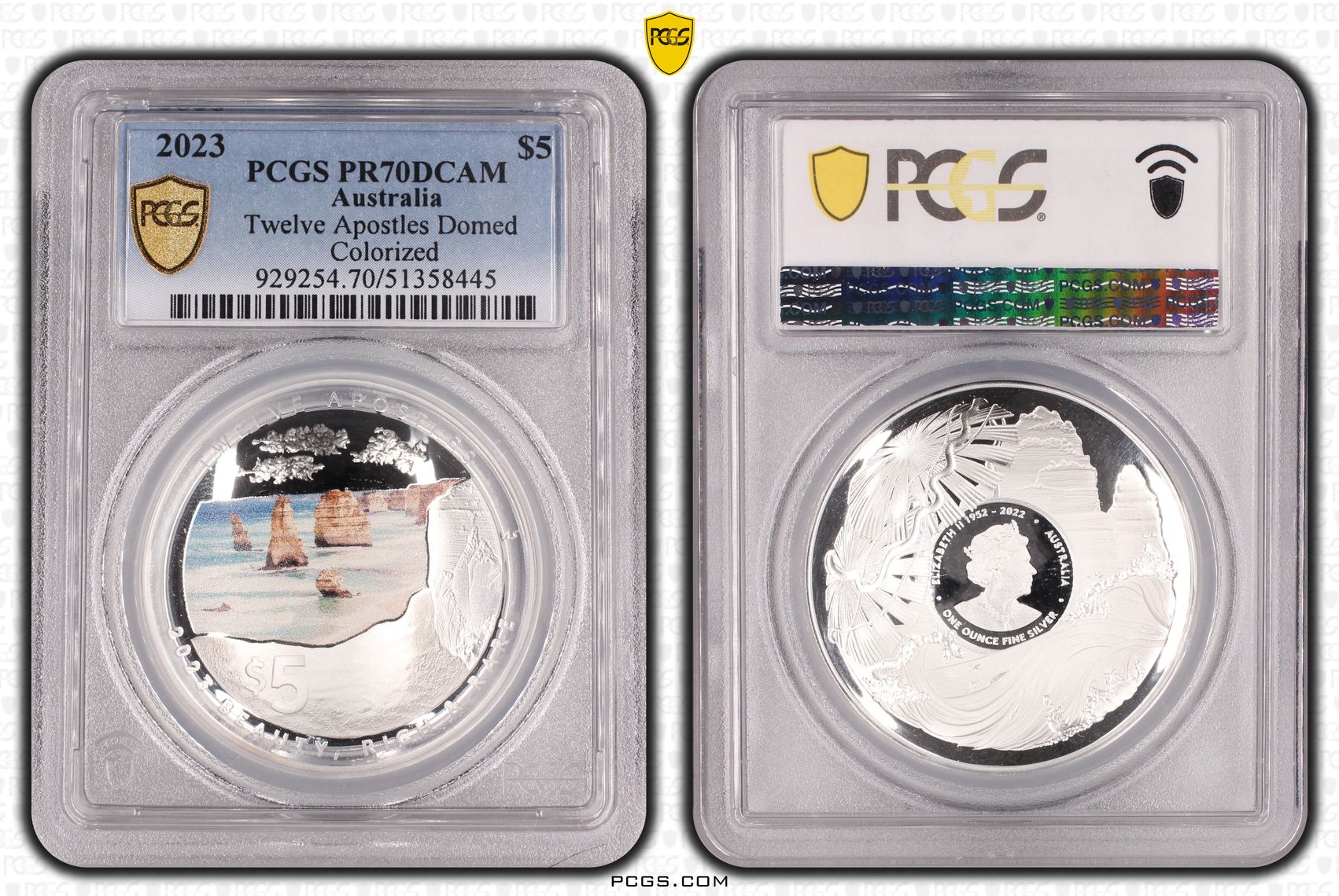 Twelve Apostles Domed Colourised, Five Dollars, 2023, PCGS PR70DCAM