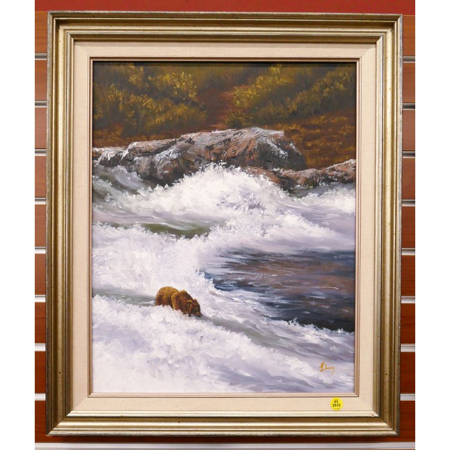 F. Chavez Bear in Stream Oil Painting Framed- 24x20''