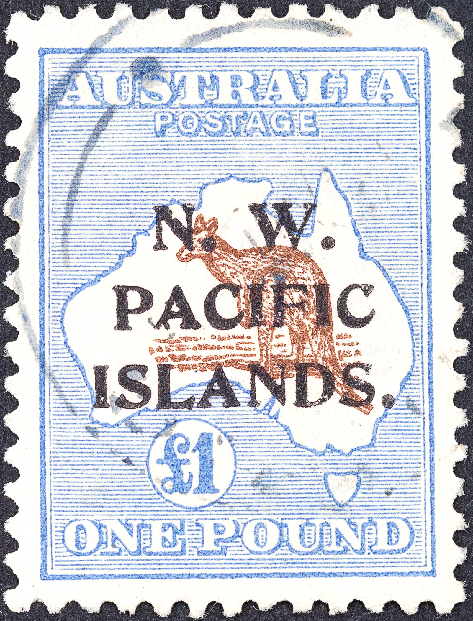 New Guinea, Third Watermark Kangaroo NWPI Overprints, One Pound, Chocolate & Blue, 1915, FU