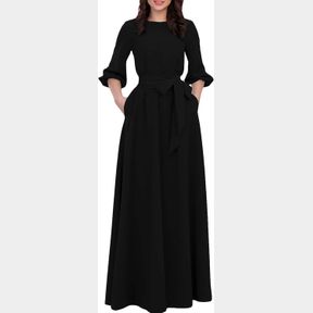 AOOKSMERY WOMEN ELEGANCE AUDREY HEPBURN STYLE ROUND NECK 3/4 PUFF SLEEVE SWING MAXI DRESS LONG BELT DRESSES WITH POCKETS
