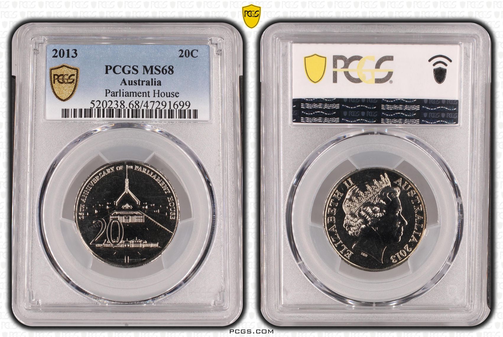 Elizabeth II, Parliament House, Twenty Cent, 2013, PCGS MS68