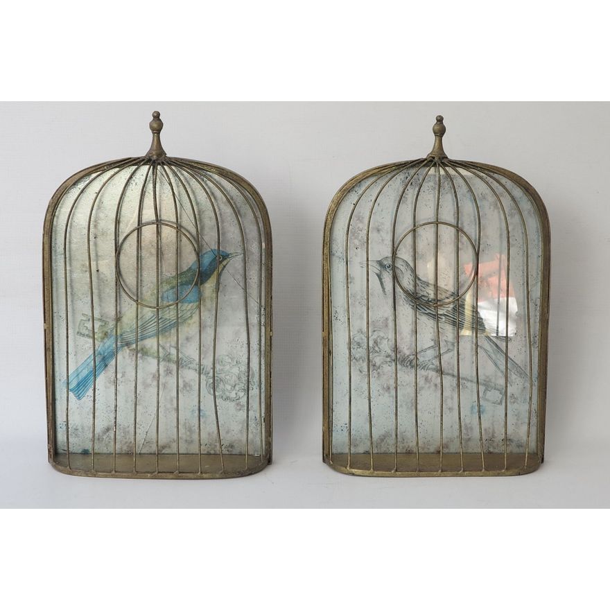 PAIR OF VERRE EGLOMISE BIRD CAGE MIRRORED PICTURES
