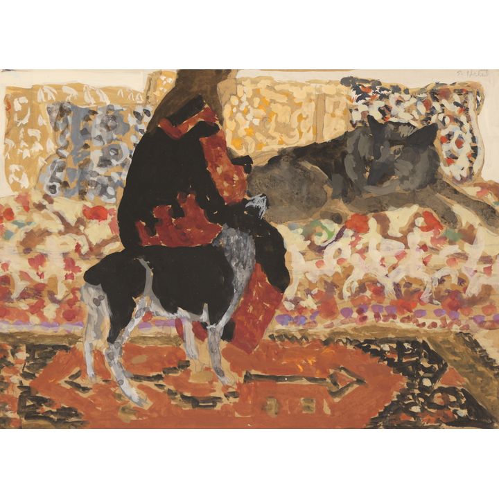 Susan Hertel ''Girl on Couch with Two Dogs'' Gouache
