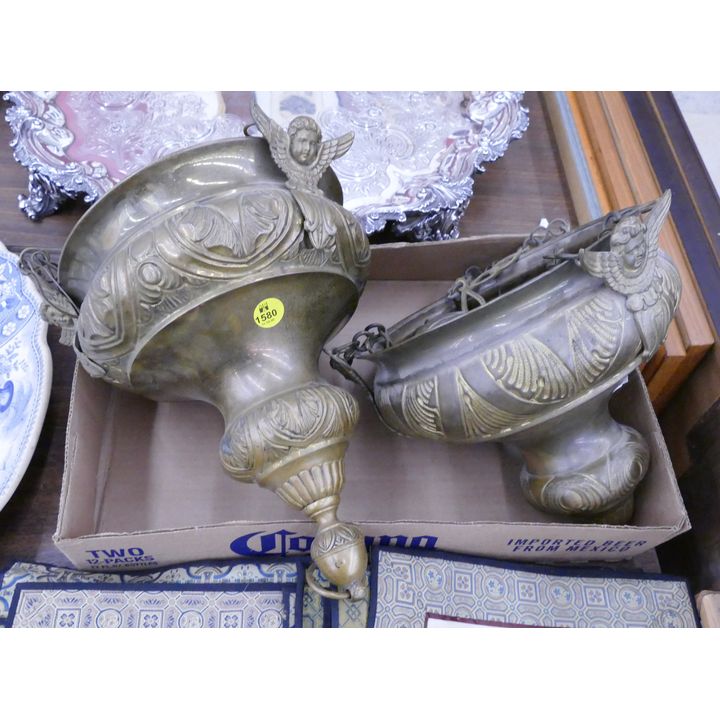 Pair Antique Brass Hanging Cupid Planters- 9''