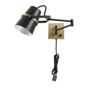 6.4" GLOBE ELECTRIC 51345 1-LIGHT PLUG-IN OR HARDWIRE SWING ARM WALL SCONCE, MATTE BLACK, BRASS ACCENTS, 6FT BLACK WOVEN FABRIC CO