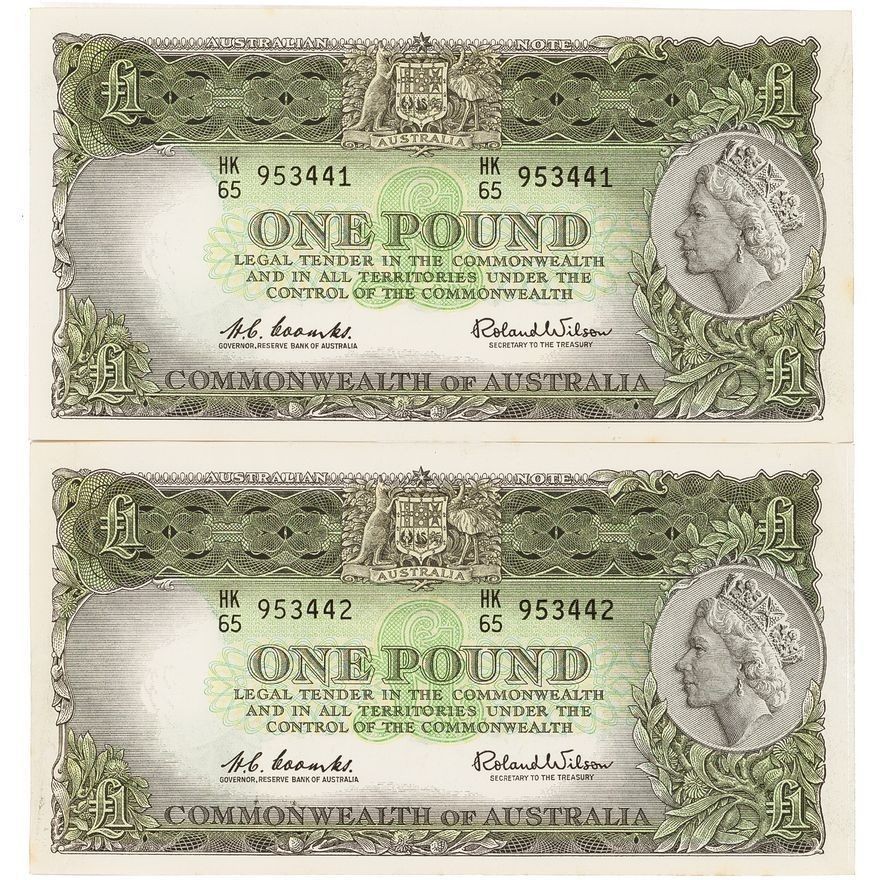 1961 Coombs/Wilson One Pound 'Reserve Bank' Last Prefix Consecutive Pair EF-aUNC