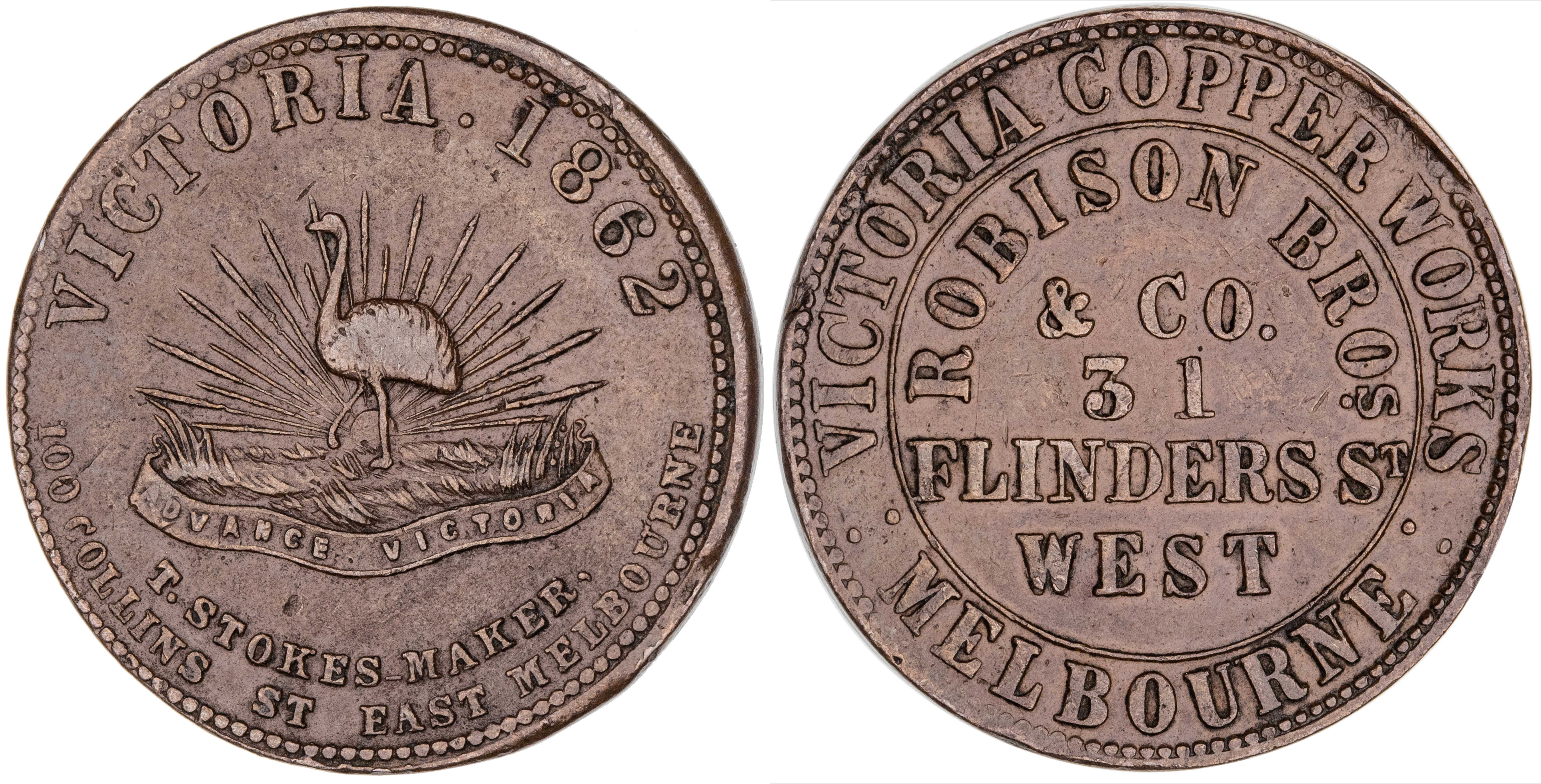 Melbourne, Victoria, Robison Bros. & Co., Penny, 1862, VF