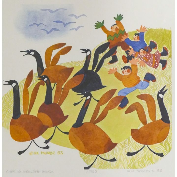 Rie Munoz ''Chasing Moulting Geese'' 1983 Signed Print 13.5'' x 13.75'' Sheet.