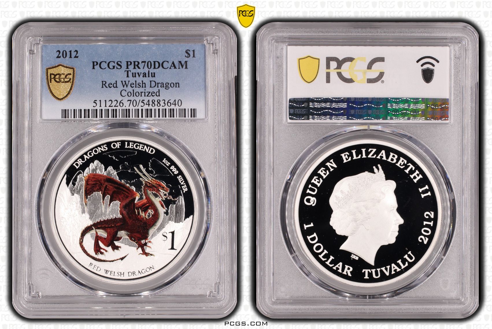 268 · Tuvalu, Red Welsh Dragon Colorized, POP 4/0, One Dollar, 2012, PCGS PR70DCAM