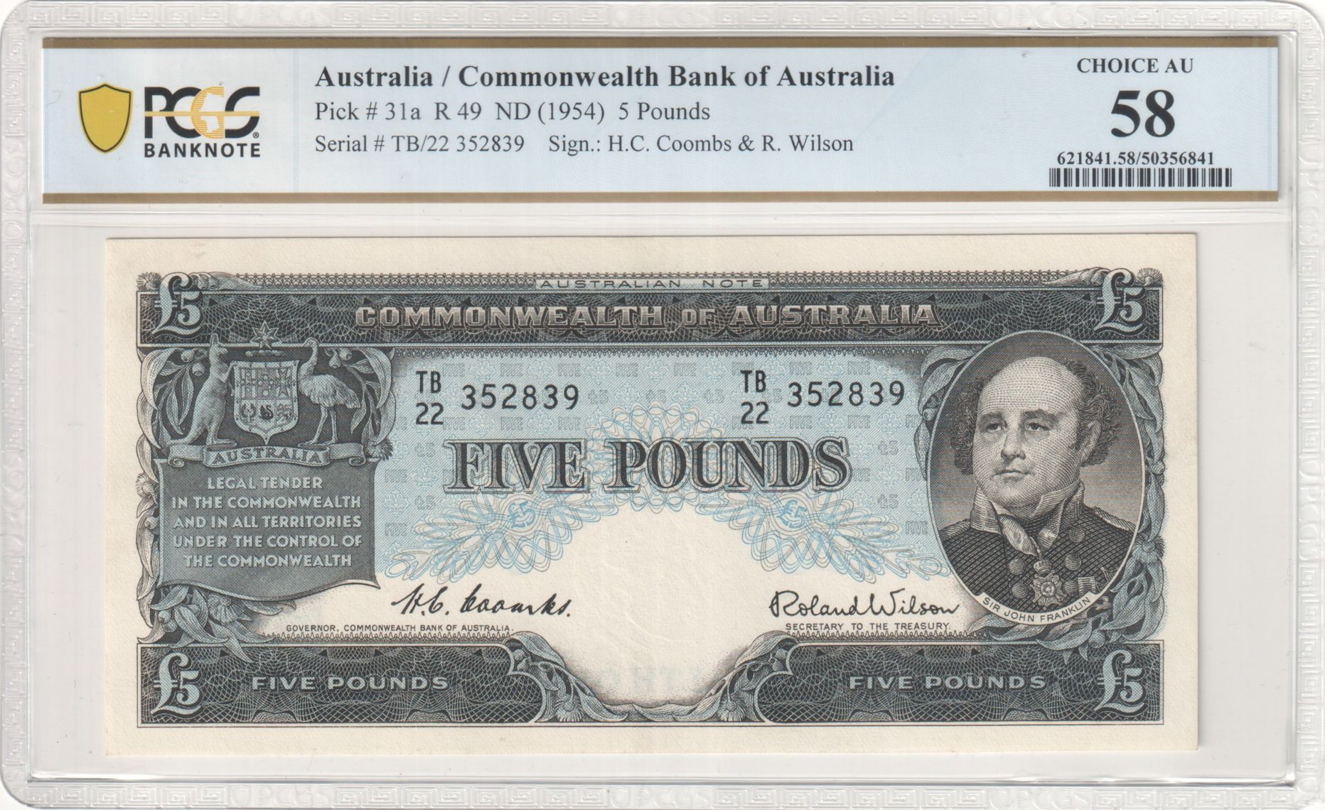Coombs/Wilson, Five Pounds, 1954, PCGS Choice AU 58
