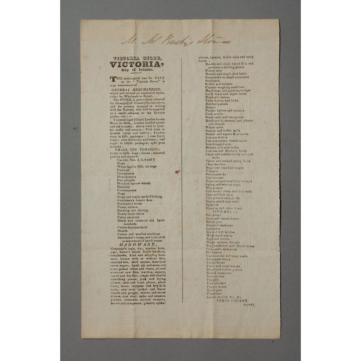 BUSBY, JAMES - BROADSIDE - Victoria Store, Victoria, Bay of Islands