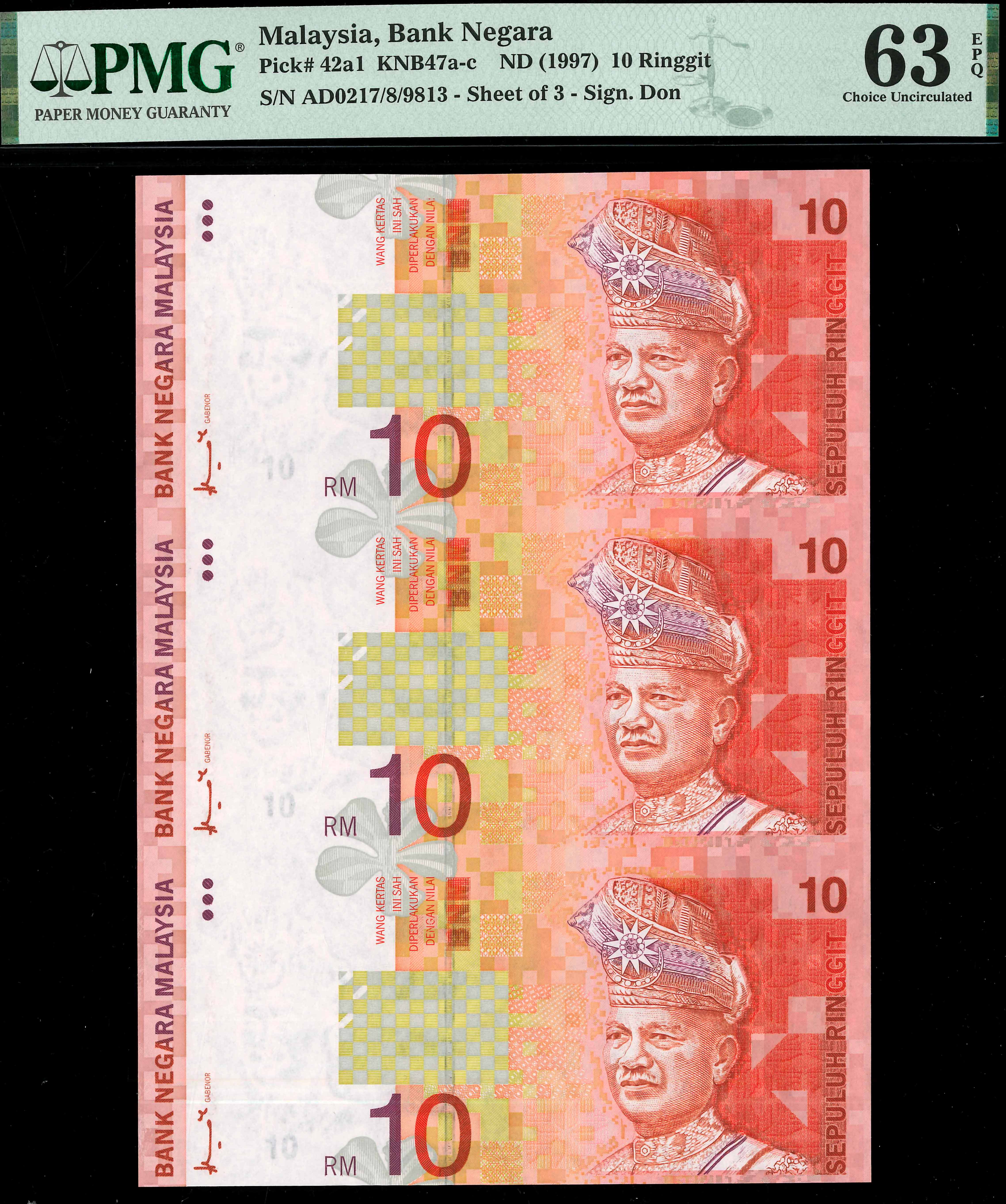 Malaysia, 8th series, 1997, 10 Ringgit, P-42a1, S/N. AD 0217/18 