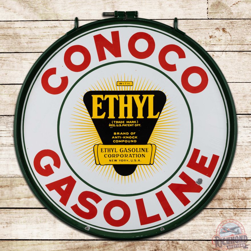 Conoco Ethyl Gasoline 30" Double Sided Porcelain Sign w/ Ring