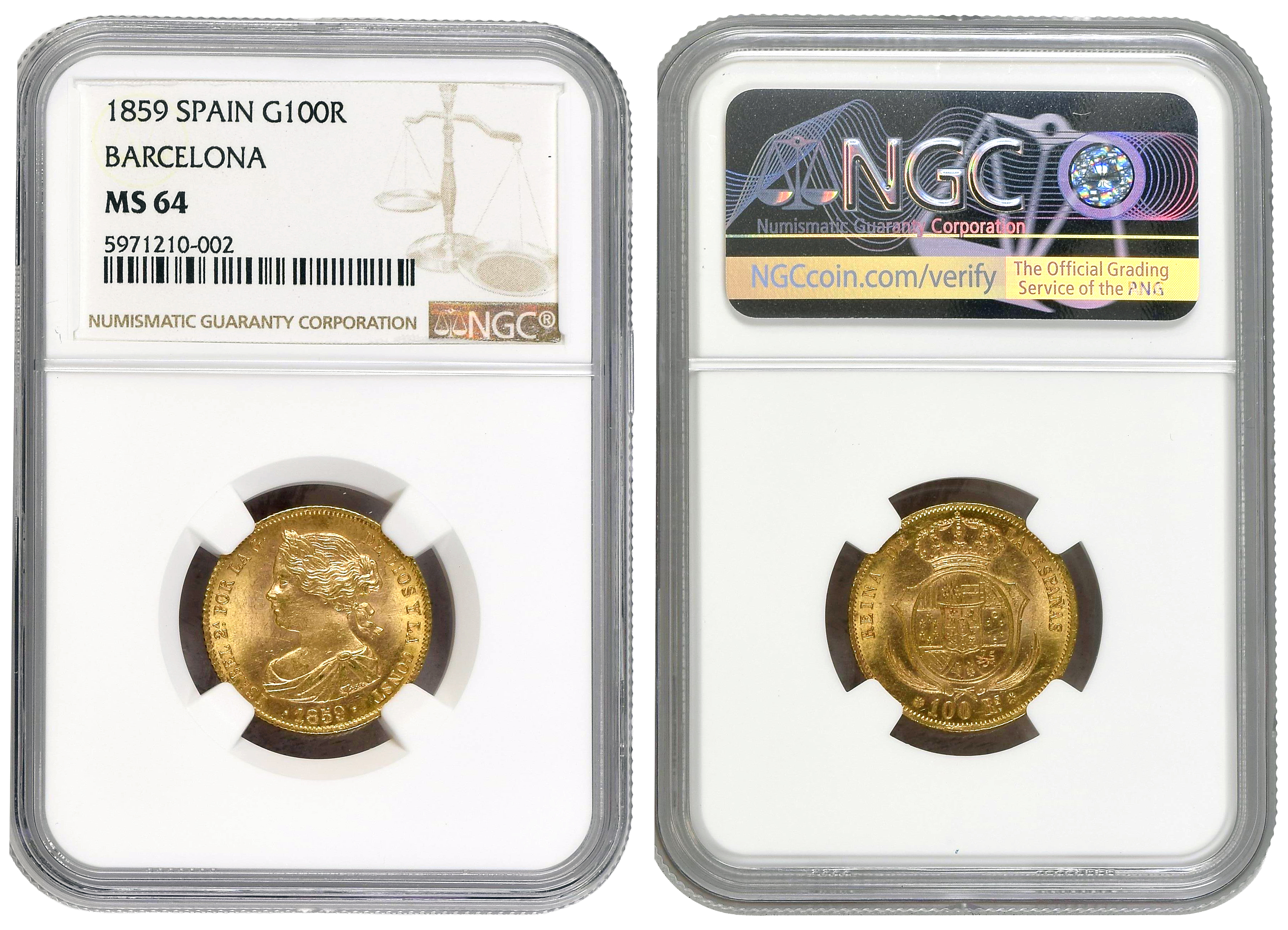 129 · Spain, Isabella II, Barcelona Mint, One Hundred Reales, 1859, NGC MS64