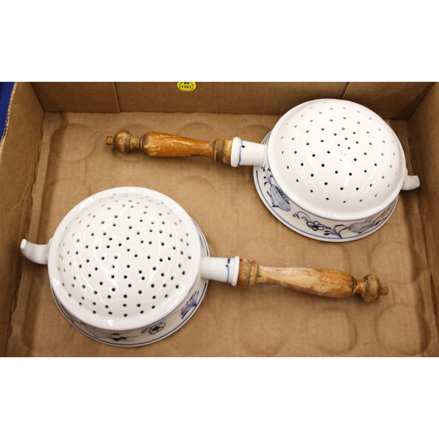 Pair Antique Blue Onion Porcelain Strainers 13''