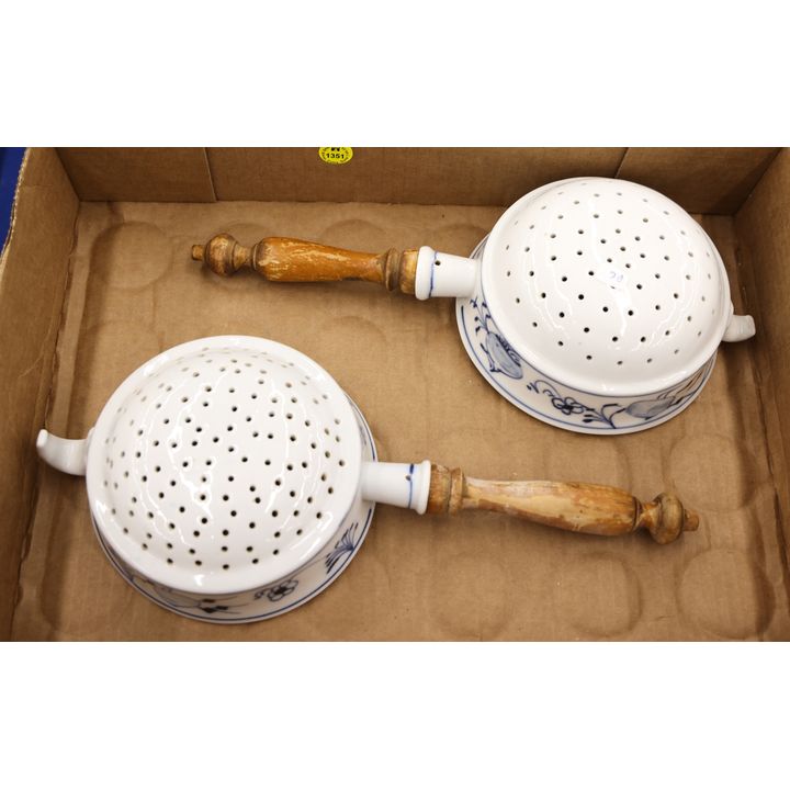 Pair Antique Blue Onion Porcelain Strainers 13''