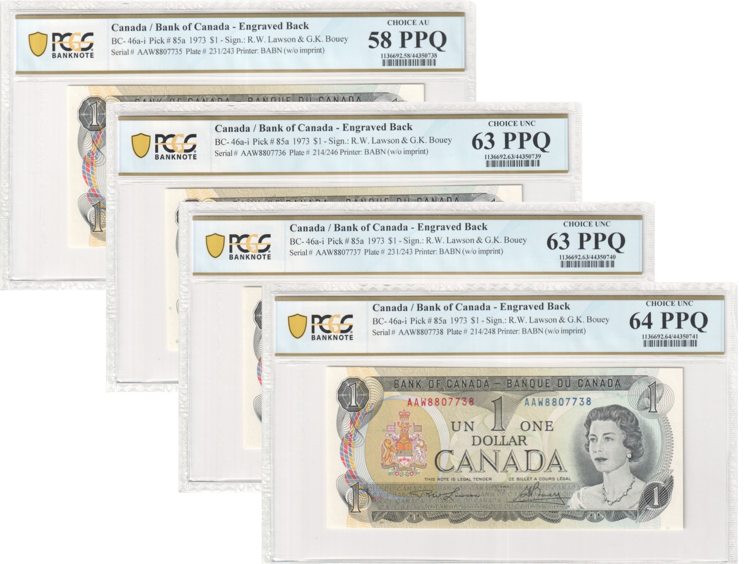 1 · Canada, Elizabeth II, Bank of Canada, Consecutive Run of 4, PCGS AU58 - Ch. Unc 64 PPQ, Sign. Lawson & Bouey, One Dollar, 1973, PCGS