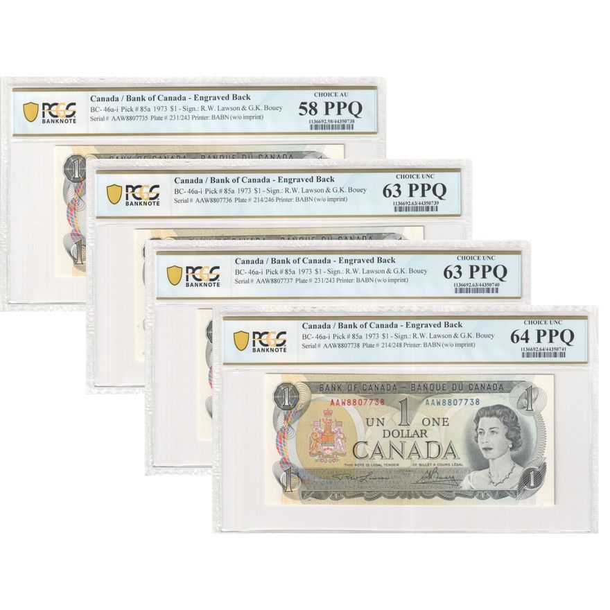 Canada, Elizabeth II, Bank of Canada, Consecutive Run of 4, PCGS AU58 - Ch. Unc 64 PPQ, Sign. Lawson & Bouey, One Dollar, 1973, PCGS