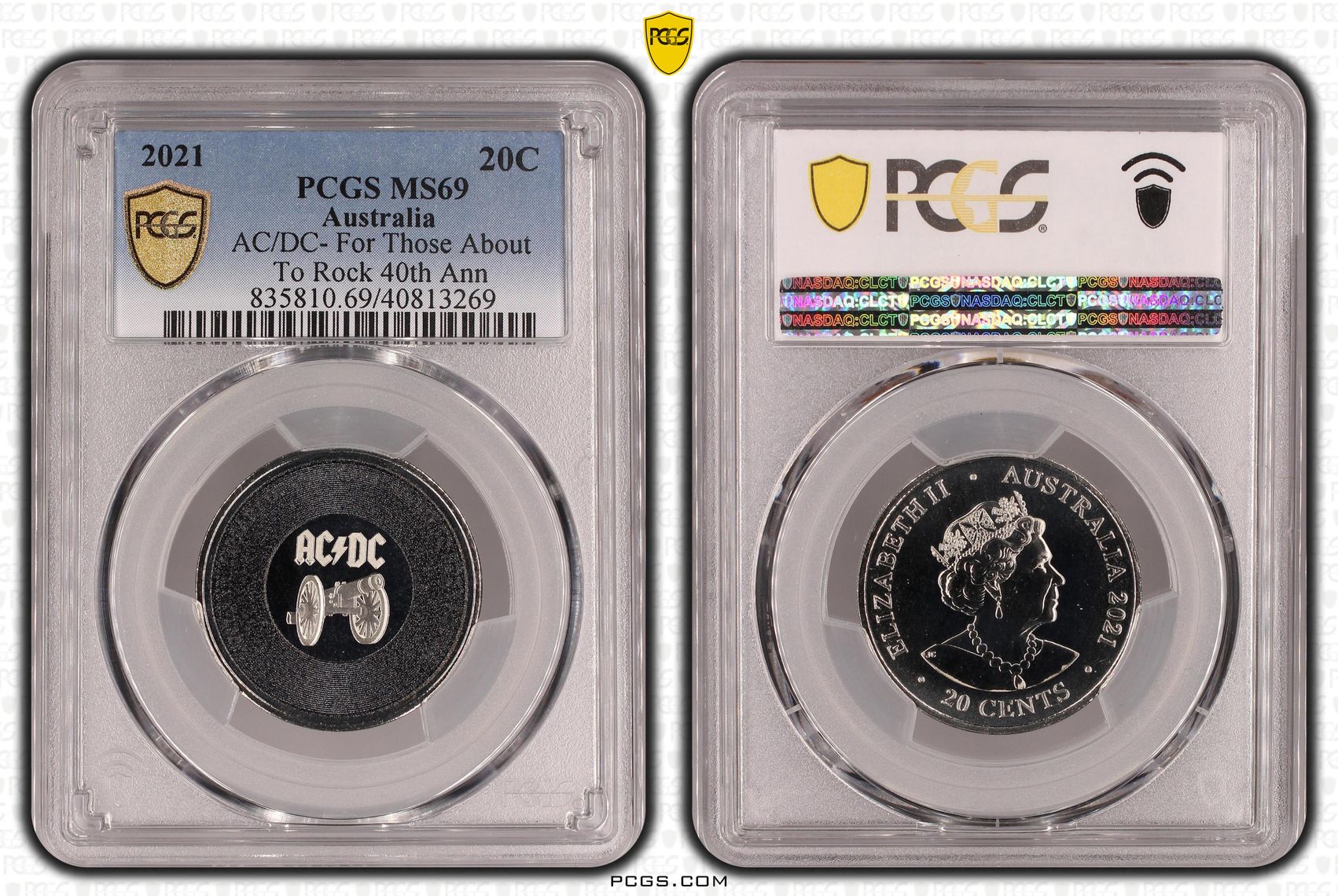 162 · Elizabeth II, AC/DC- For Those About To Rock  POP 92/0, Twenty Cent, 2021, PCGS MS69