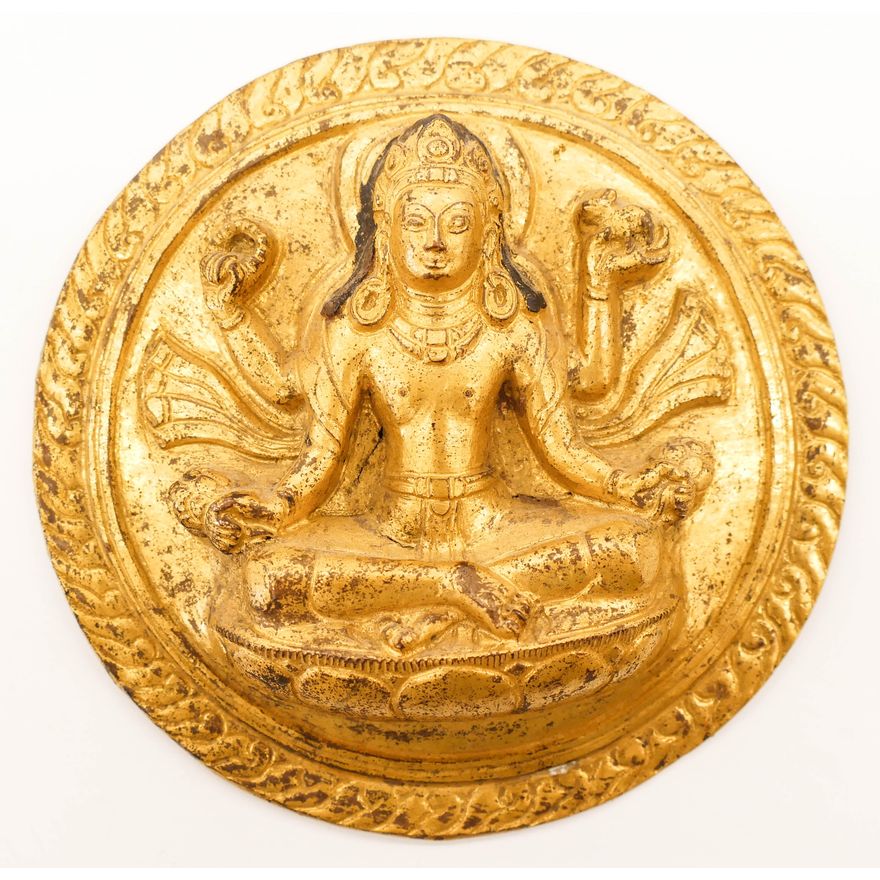 Nepal 18th Cent. Gilt Copper Vishnu Repousse Plaque