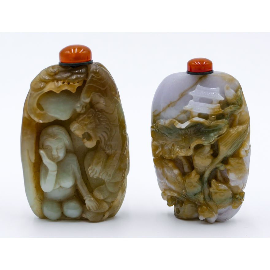 2pc Ornate Carved Jade Large Snuff Bottles 3"