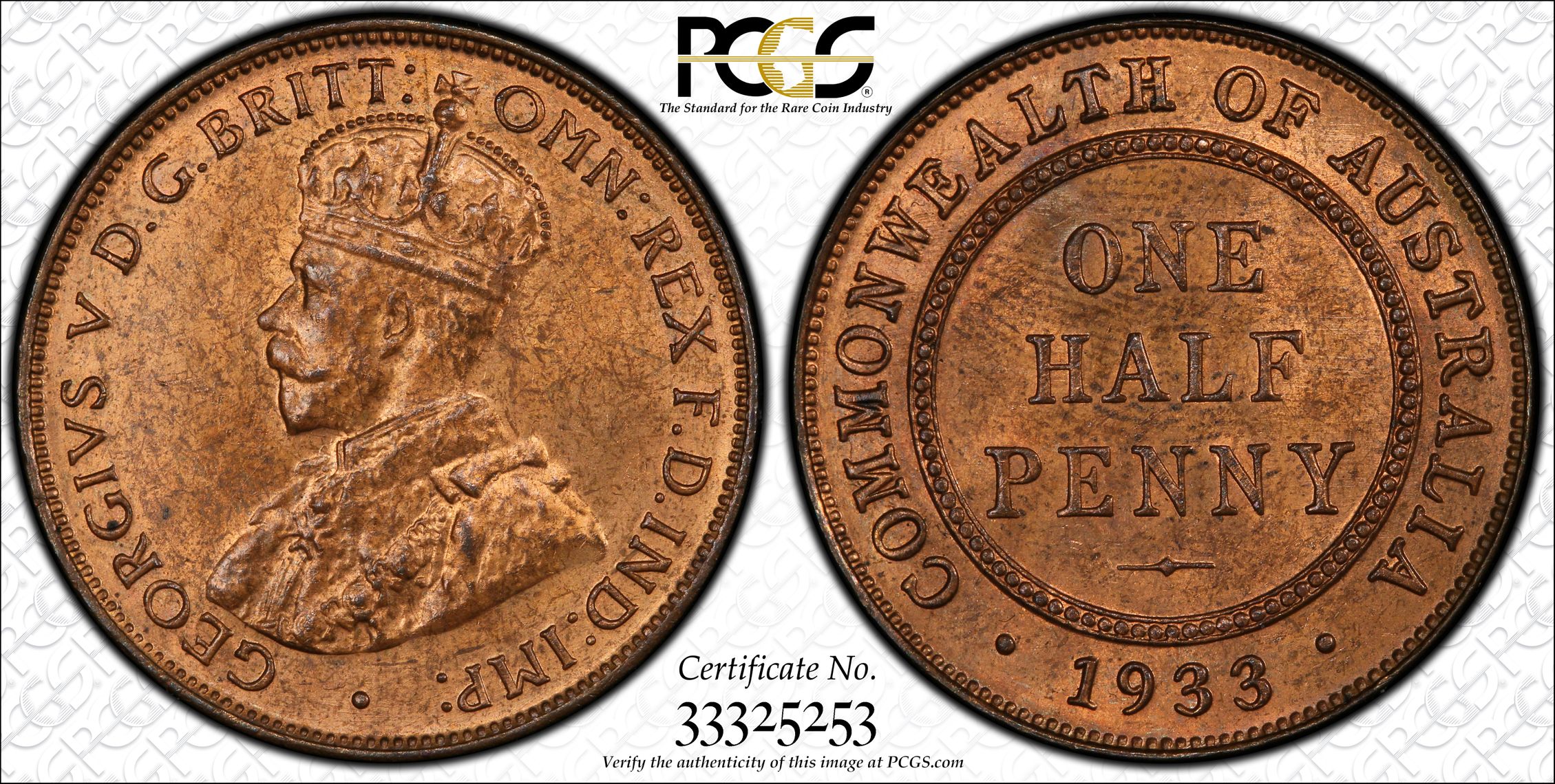 Halfpenny, 1933, PCGS MS64RB