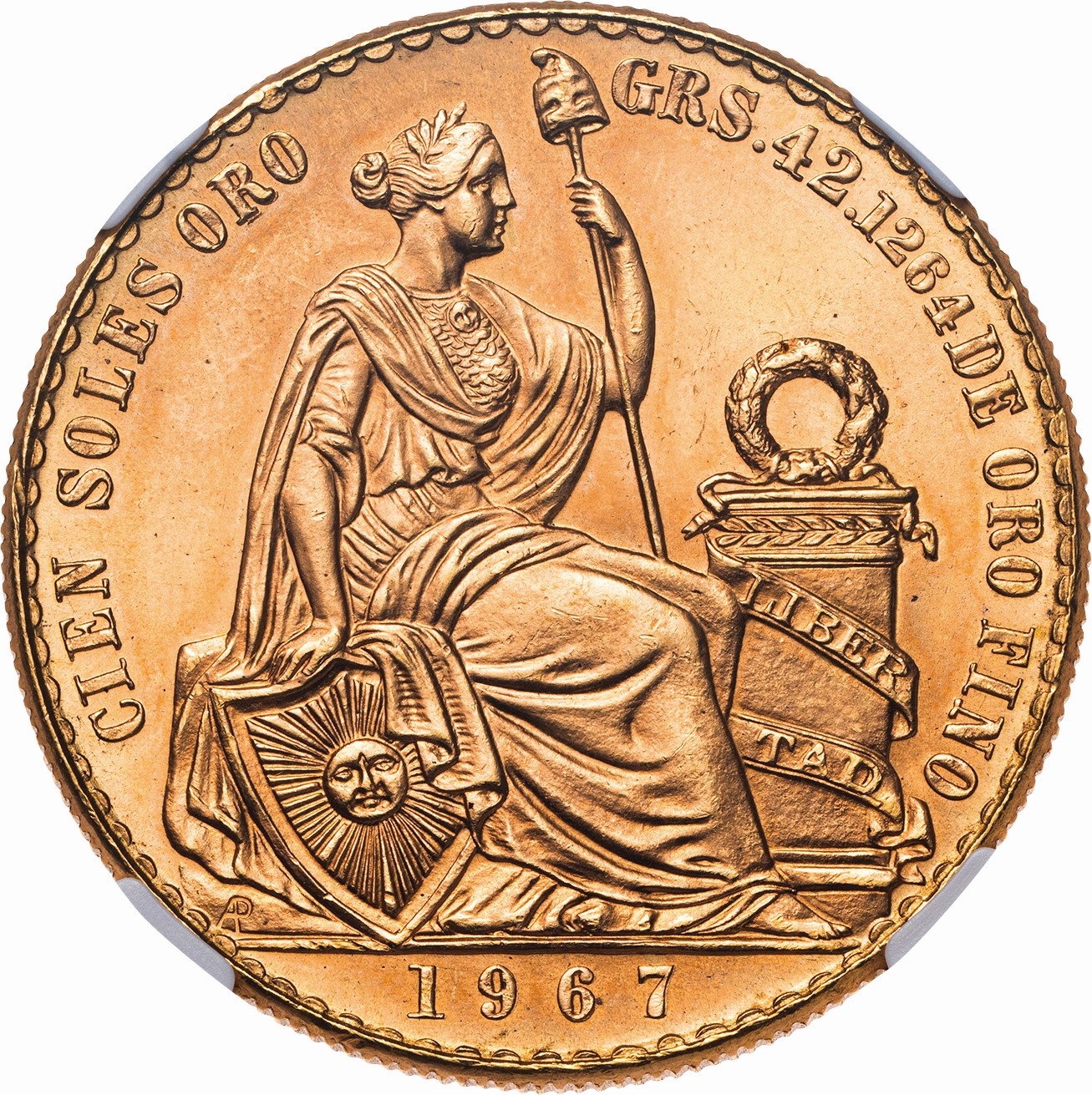 ペルー-Peru. NGC MS65. 未使用. UNC. 女神座像 100ソル金貨 1967年