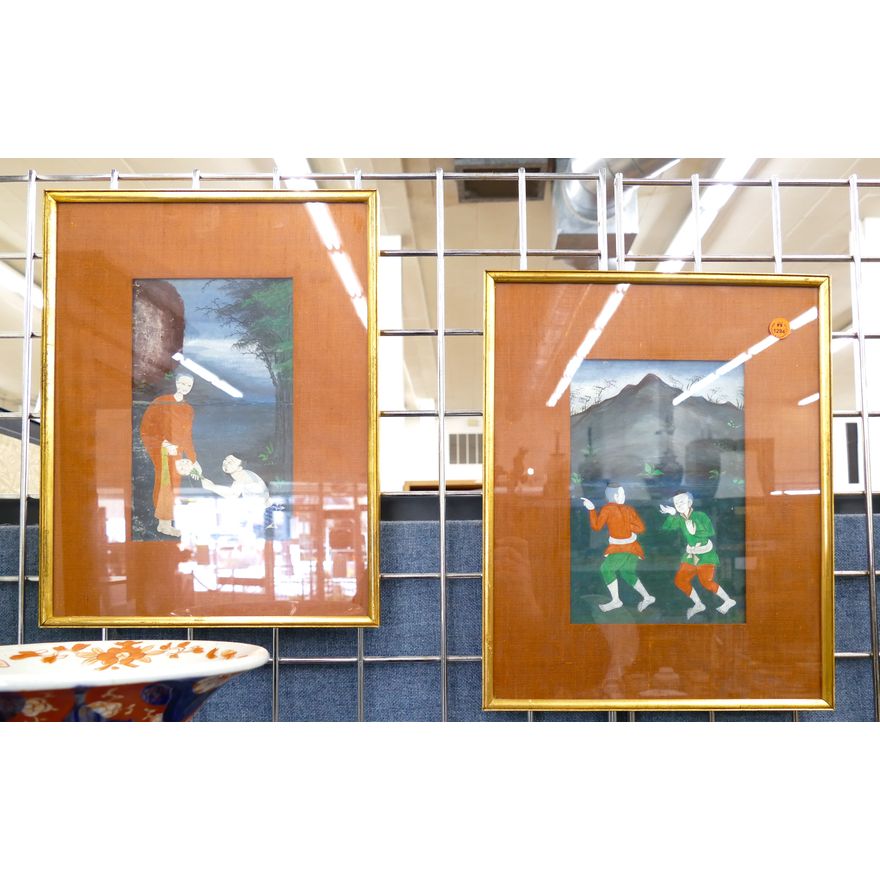 Pair Antique Thai Sutra Paintings Framed 15.5''x12''