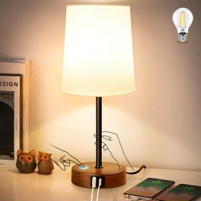 MODERN USB & TYPE-C BEDSIDE LAMP WITH TOUCH CONTROL, DIMMABLE TABLE LAMP WITH WHITE FABRIC SHADE ENHANCED WITH GOLD THREADS, INCLU