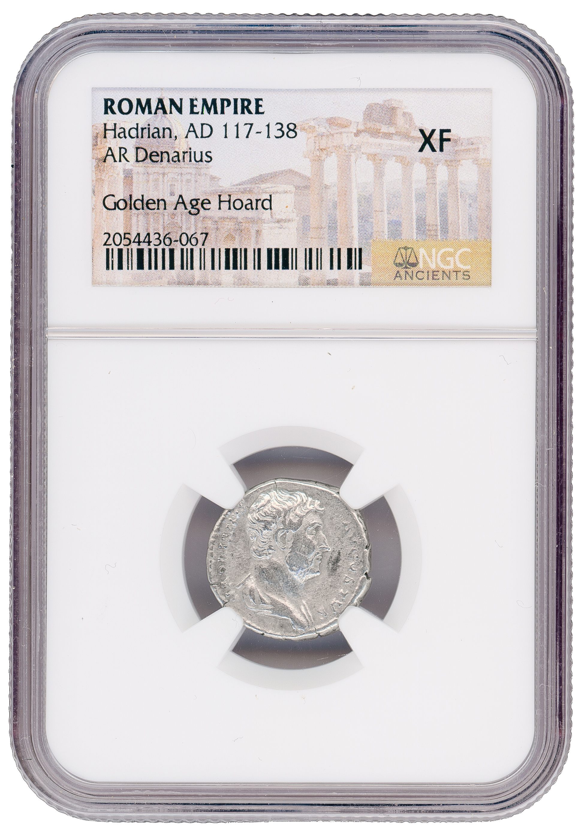 Roman Empire, Hadrian, Golden Age Hoard, AR Denarius, NGC XF