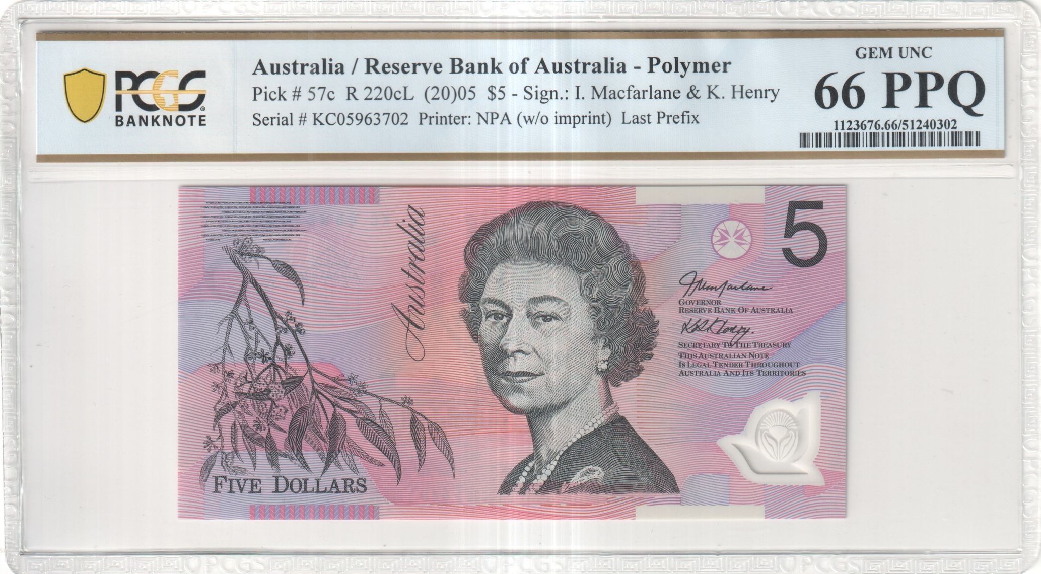 440 · Macfarlane/Henry, Last Prefix, Five Dollar, 2005, PCGS Gem UNC 66 PPQ